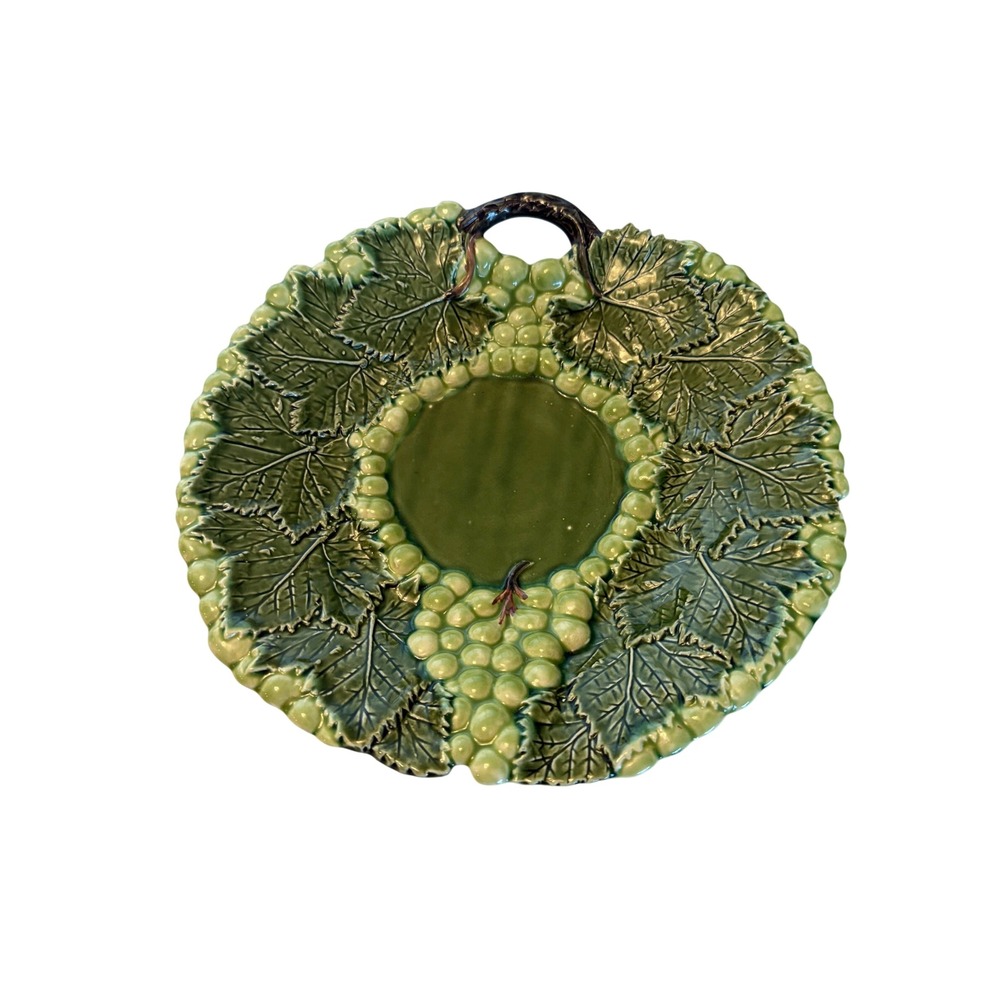 Vintage Majolica Ceramic Grape Vine Leaf Serving Platter Green Glazed Round Tray